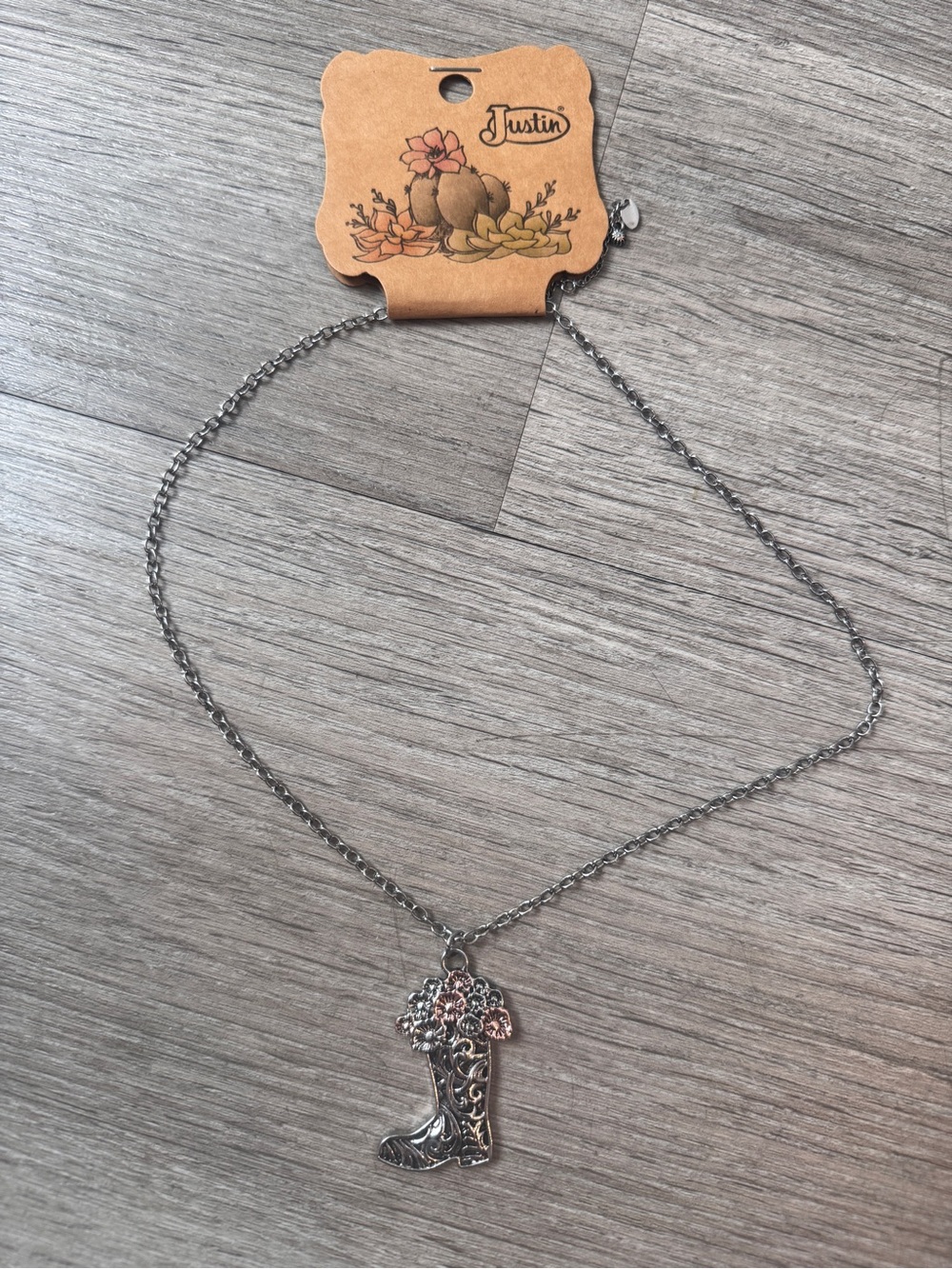 Justin Boots Silver Western Boot Pendant Necklace with Floral Accent